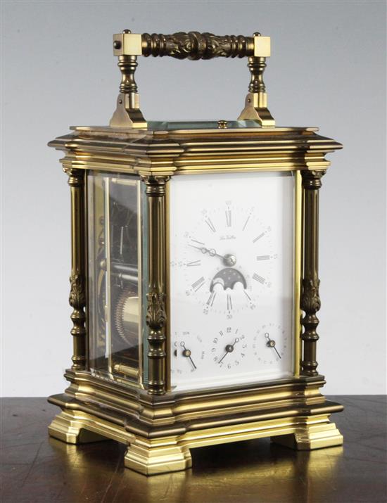 A La Vallée brass hour repeating calendar carriage clock, 7in. with leather travelling case